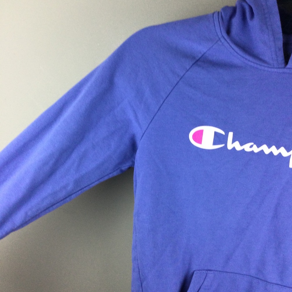 Champion French Terry Script Logo Raglan Sleeve Blue Hoodie Girl’s Size Large - Picture 6 of 11